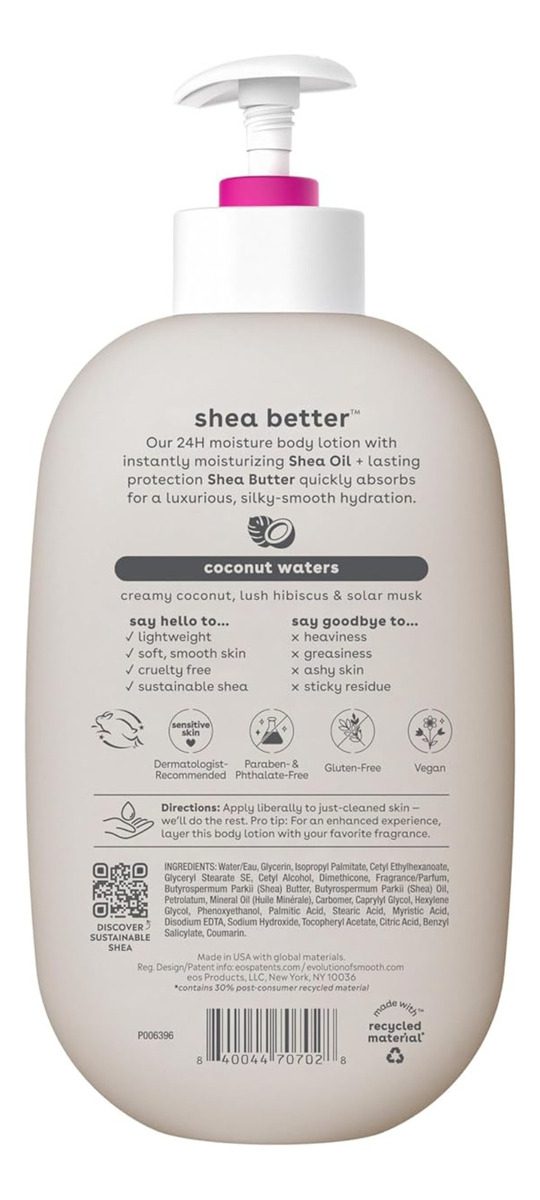 Eos Shea Better Loción Corporal Coconut Waters 473 Ml | Hidratación 24 Horas Con Manteca De Karité Natural, Aroma Fresco De Coco, Fórmula Vegana Ligera Y No Grasosa Que Suaviza Y Nutre La Piel - Image 6